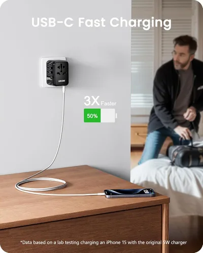 Vista 3 de LENCENT Adaptador de corriente de viaje universal, adaptador de enchufe de CA internacional con 5.6A 3 USB C 2 puertos USB A cargador de pared