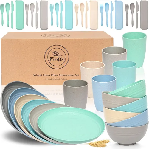 Vista 12 de FOODLE Juego de vajilla de paja de trigo, sin BPA, irrompible, apto para microondas y lavavajillas, alternativa a los platos de plástico, perfecto