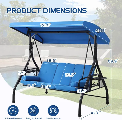 Vista 4 de Columpios de porche con toldo ajustable, cama de columpio para exteriores de 3 asientos, color azul Heavy Duty Porch Glider Bench with Stand