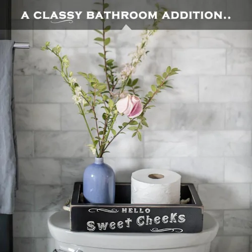 Vista 3 de MAINEVENT - Caja de decoración de baño con frase "Hello Sweet Cheeks", una caja con diseño en 2 lados, organizador de baño de estilo granja