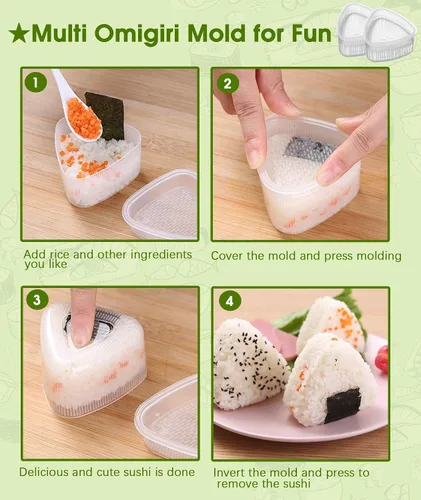 Vista 4 de Qivine Onigiri - Juego de moldes de arroz para niños, 21 moldes de arroz para niños, kit de máquina de musubi, agitador de moldes de bolas de arroz
