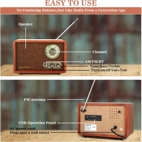 Vista 7 de Radio vintage AM FM multifunción USB SD con altavoz Bluetooth, radio de mesa de madera retro para cocina, sala de estar con perilla giratoria