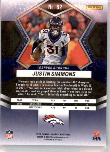Vista 2 de 2022 Panini Mosaic #62 Justin Simmons Denver Broncos NFL Football Trading Card