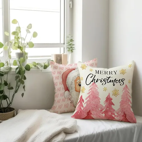 Vista 5 de Juego de 2 fundas de almohada de Navidad rosa con diseño de copos de nieve de Navidad con cremallera oculta, funda de cojín decorativa para sofá