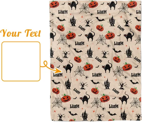 Vista 8 de Manta de Halloween personalizada, diseños de dibujos animados con nombre personalizable, manta de franela de felpa suave con respaldo punteado