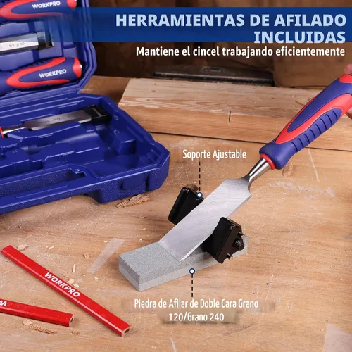 Vista 6 de WORKPRO Juego de cinceles de madera de 10 piezas para carpintería, cinceles de borde biselado Cr-V (1/4", 1/2", 3/4", 1", 1-1/4", 1-1/2") con piedra