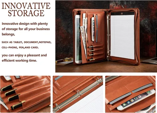 Vista 9 de AZXCG Nombre grabado gratis, Padfolio PU cuero 3 anillos, cartera de negocios con almohadilla de escritura A4, regalo corporativo, marrón