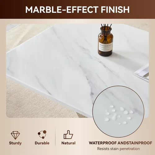 Vista 6 de Mesa auxiliar moderna de 50.4 pulgadas, mesa central de mármol sintético blanco con base de acero inoxidable en forma de U plateada, mesa de cóctel