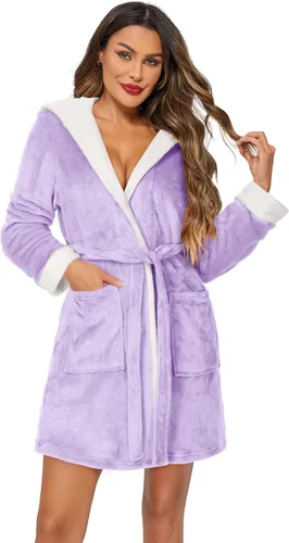 Vista 3 de HOTOUCH Bata de baño con capucha para mujer, bata de felpa súper suave, bata de baño de terciopelo