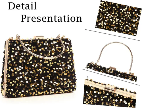 Vista 4 de Bolso de noche para mujer, con lentejuelas, trapezoidal, portátil, brillante, para fiesta, boda, cóctel, baile de graduación