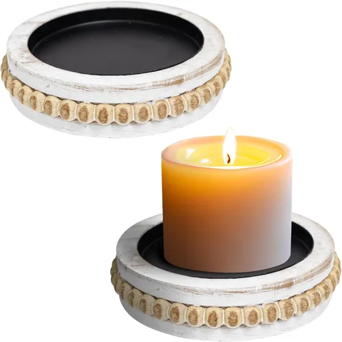 Vista 10 de Juego de 2 portavelas para velas de pilar, plato de vela de madera de granja, soporte de vela de madera rústica, bandeja de velas decorativa