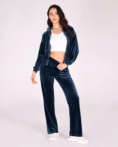Vista 4 de ODODOS Conjunto de 2 piezas de terciopelo para mujer, sudadera con capucha y pantalones de cintura alta con cremallera