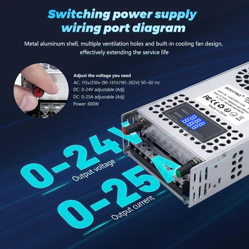 Vista 4 de Fuente de alimentación CC ajustable de 24V 600W, fuente de alimentación conmutable CA 110V/220V a CC 0-24V convertidor CC con pantalla digital LED