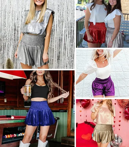 Vista 7 de Pantalones cortos metálicos elásticos de cintura alta para yoga, baile, gimnasio, cortos, atléticos, brillantes, para correr, para ir al club