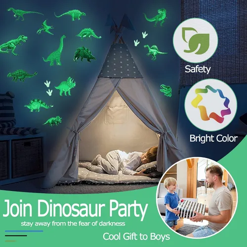 Vista 3 de Adhesivos de pared de dinosaurios que brillan en la oscuridad, calcomanías de pared de dinosaurios autoadhesivas que brillan para techo, calcomanías