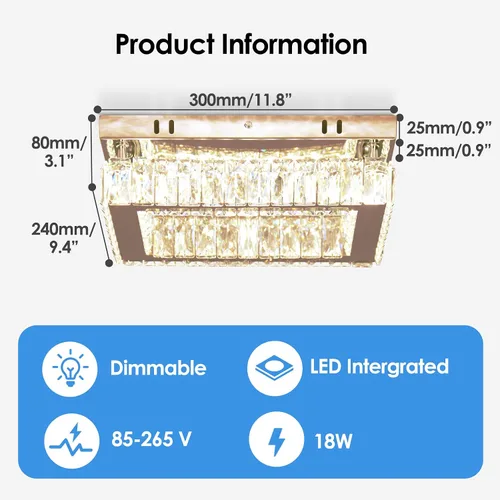 Vista 3 de Finktonglan Lámpara de Techo LED de Cristal Empotrada Moderna, Candelabro Rectangular de Cristal K9 y Acero Inoxidable, 20W Regulable con Control