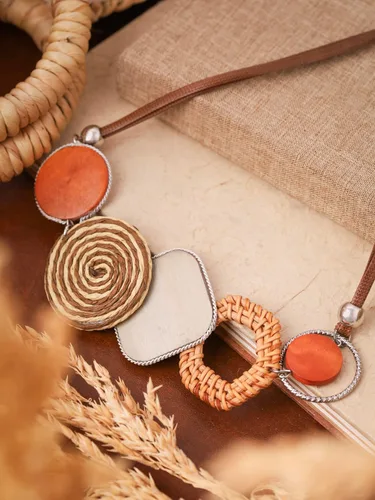 Vista 7 de MINACHI Handmade Braided Necklace for Women, Wooden Beads, Rattan Charm, Vintage Style, Gift Jewelry