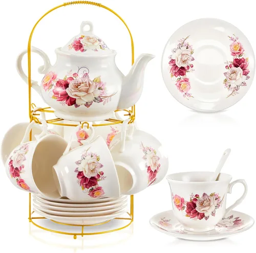 Vista 10 de Zhehao Juego de té de porcelana de 20 piezas con soporte de metal y cuchara para adultos, juego de té de cerámica para adultos, pintura de flores
