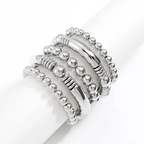 Vista 3 de Brazalete chapado en oro de 14 quilates para mujer, grueso, curvado, apilable, chapado en cuentas, pulseras elásticas