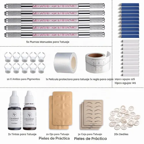 Vista 6 de Charme Princesse Kit de bolígrafo Microblading de doble cara, kit de bolígrafo manual con 20 agujas de pigmento para práctica de cejas, regla