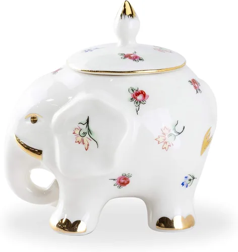 Vista 4 de Elefante feliz de porcelana fina (juego de té de 3 piezas, spray floral pequeño) con ribete dorado