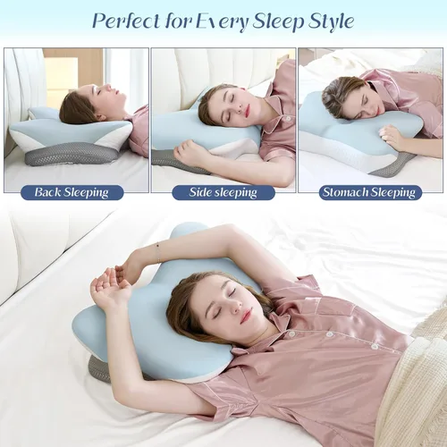 Vista 6 de SHJADE - Almohada cervical para soporte del cuello, almohada de espuma viscoelástica con contorno, almohada ortopédica ergonómica, almohada de cama