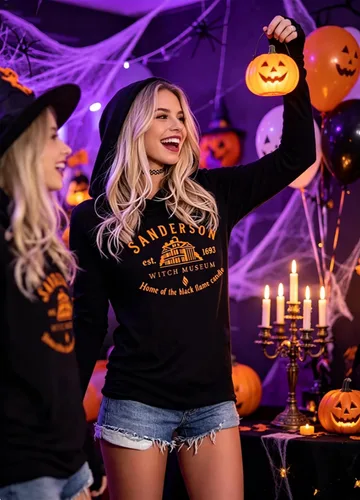 Vista 2 de Susongeth Halloween Sanderson Sisters - Sudadera con capucha para mujer, diseño de Hocus Pocus, de manga larga, ligera, sin botones Negro