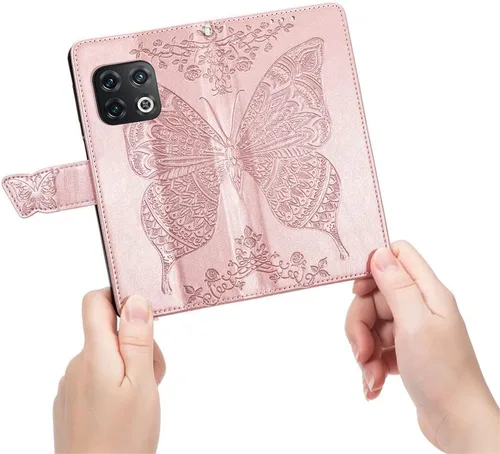 Vista 4 de Funda tipo cartera compatible con OnePlus 10 Pro para mujer, de piel, con función atril magnético y tarjetero para OnePlus 10 Pro 5G, mariposa, oro