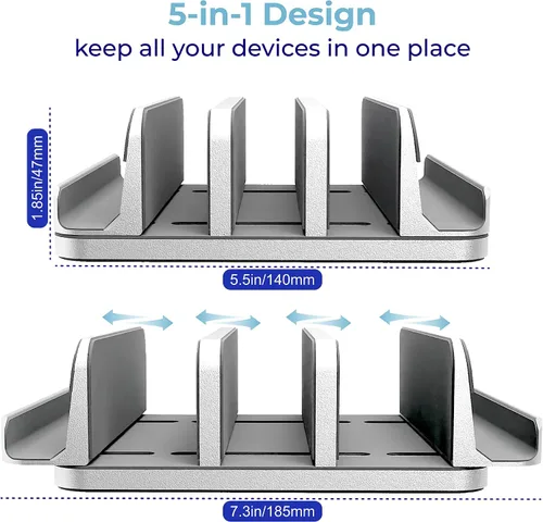 Vista 3 de Soporte ajustable para laptop, 5 ranuras, ahorro de espacio de aluminio, para Apple MacBook/Surface/Galaxy/Tablet/iPad/iPhone, plateado