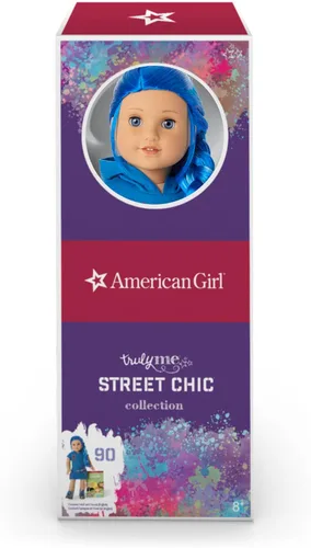 Vista 6 de Muñeca American Girl Truly Me de 18 pulgadas #90 con ojos azules, cabello largo azul y piel de ligera a media en vestido de patinadora, para edades