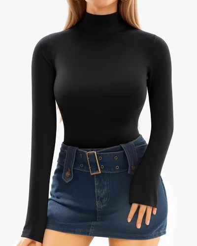 Vista 84 de MANGOPOP - Enterizo para mujer, manga larga, cuello de tortuga, cuello alto falso, estilo top