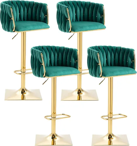 Vista 10 de Juego de 2 taburetes de bar giratorios de terciopelo, taburetes de bar ajustables y cómodos, silla de comedor moderna con respaldo tejido, taburetes