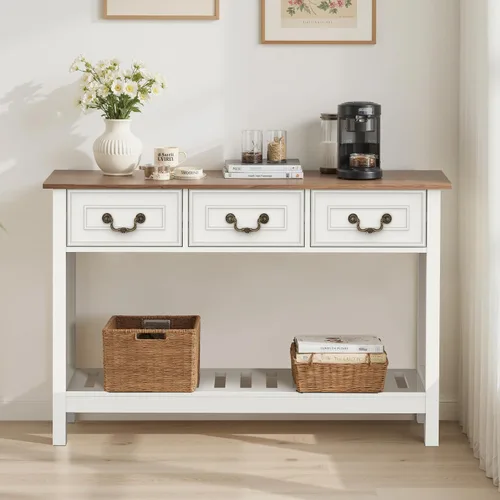Vista 5 de Mesa consola estrecha con 3 cajones, mesa de entrada con estantes de almacenamiento, mesa de sofá detrás del sofá, mesa de sofá de madera para sala