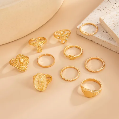 Vista 5 de Juego de anillos dorados de cruz de Virgen María para mujer, 10 piezas vintage gruesos apilables, anillos cruzados para nudillos, accesorios retro