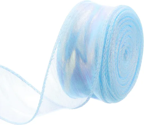 Vista 69 de MECCANIXITY - Cinta de organza con cable de 1 1/2" de ancho, brillante, transparente, con brillo irisado en tonos pastel, cinta de gasa para Beige