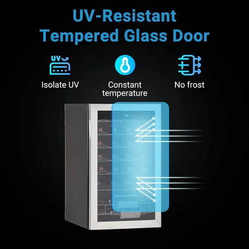 Vista 5 de Refrigerador de vino independiente, compresor de 28 botellas con termostato digital y puerta de vidrio, acero inoxidable