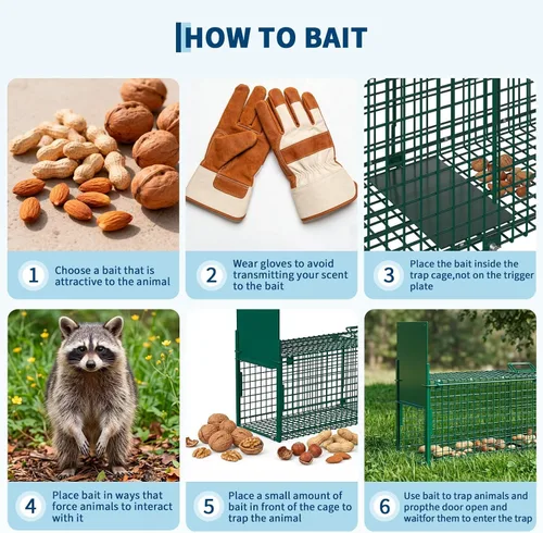 Vista 7 de Jaula de trampa para animales vivos de doble puerta, plegable, de acero resistente, fácil de instalar y liberar, gatillo sensible, asa