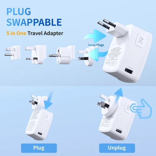 Vista 5 de Adaptador de viaje universal GaN de 45 W, adaptador de corriente internacional 7 en 1 de 2000 W con 3 USB-C (45 W PD)/2 USB-A/2 CA, enchufe mundial