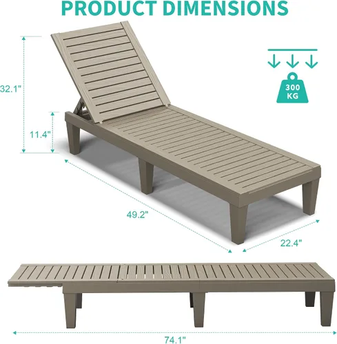 Vista 3 de Juego de sillas reclinables al aire libre, 2 piezas, 5 posiciones ajustables para bronceado con textura de madera, silla de patio de resina