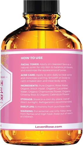 Vista 2 de Leven Rose - Tónico sin alcohol de hamamelis, 100% agua de rosas facial orgánica pura con pétalos de rosa, caléndula, pepino y flor de manzanilla, 4