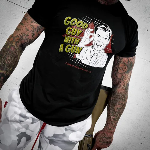 Vista 4 de Combat Iron Good Guy with a Gun - Camiseta con gráfico de cómic dibujado a mano para hombre