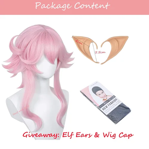 Vista 6 de Uniquebe Dori - Peluca de cosplay para Genshin Impact peluca rosa con flequillo clip de pelo Ahoge con orejas de elfo gorra de peluca