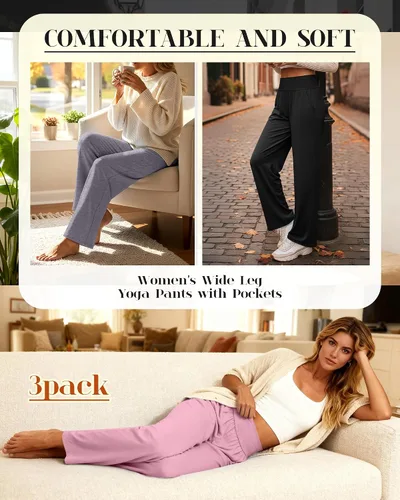 Vista 100 de Neer - Conjunto de 3 pantalones de yoga de pierna ancha para mujer - Pantalones deportivos cómodos, holgados, de cintura alta y casuales