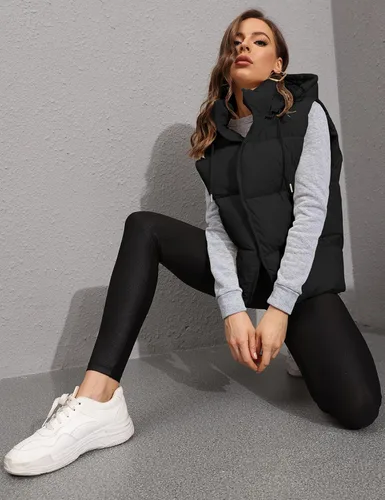 Vista 4 de Tanming Chaleco acolchado negro para mujer, con cremallera, ligero, sin mangas, para invierno, con capucha