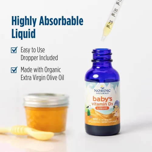Vista 4 de Nordic Naturals Baby's Vitamina D3, sin sabor, 0.76 onzas, 400 UI de vitamina D3, huesos saludables, apoyo al sistema inmunológico, ritmos normales
