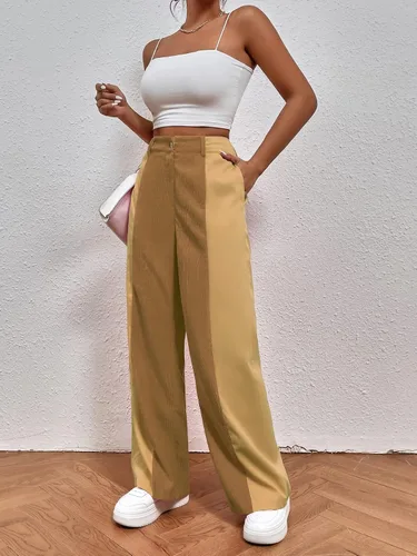 Vista 5 de WDIRARA Pantalones sueltos casuales de cintura alta con bolsillo para mujer