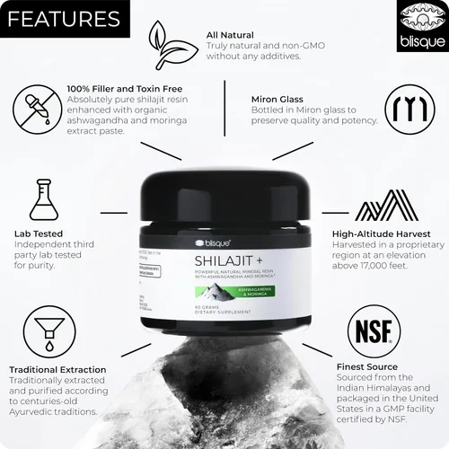 Vista 3 de Blisque - Suplemento de resina Shilajit orgánica pura del Himalaya con Ashwagandha y Moringa orgánica Auténtico y natural Grado dorado A