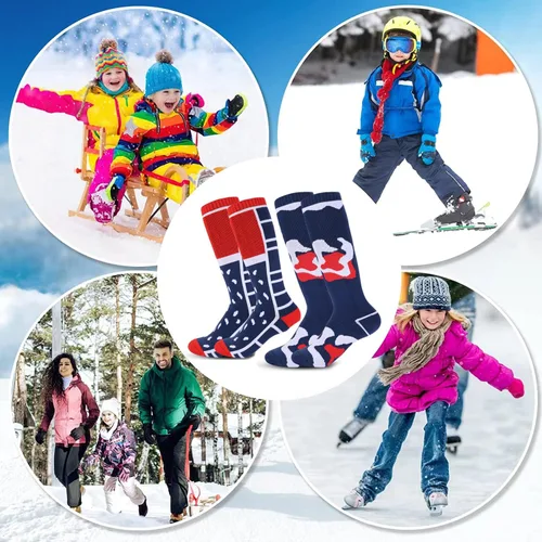 Vista 7 de Uyomal Calcetines de esquí de lana merino para niños 2 pares calcetines térmicos de invierno cálidos para snowboard para niños y niñas rojo azul