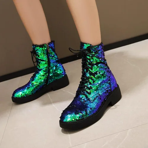 Vista 6 de FIFSY Botines de combate con purpurina y lentejuelas para mujer con tacones brillantes