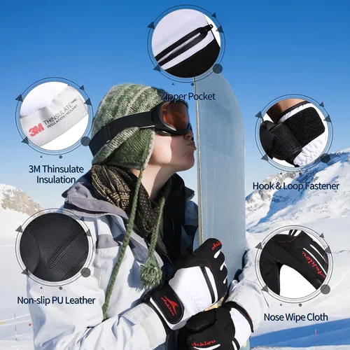 Vista 5 de Achiou Guantes de esquí de nieve de invierno para hombres y mujeres, guantes de esquí impermeables cálidos para clima frío de -30 , guante
